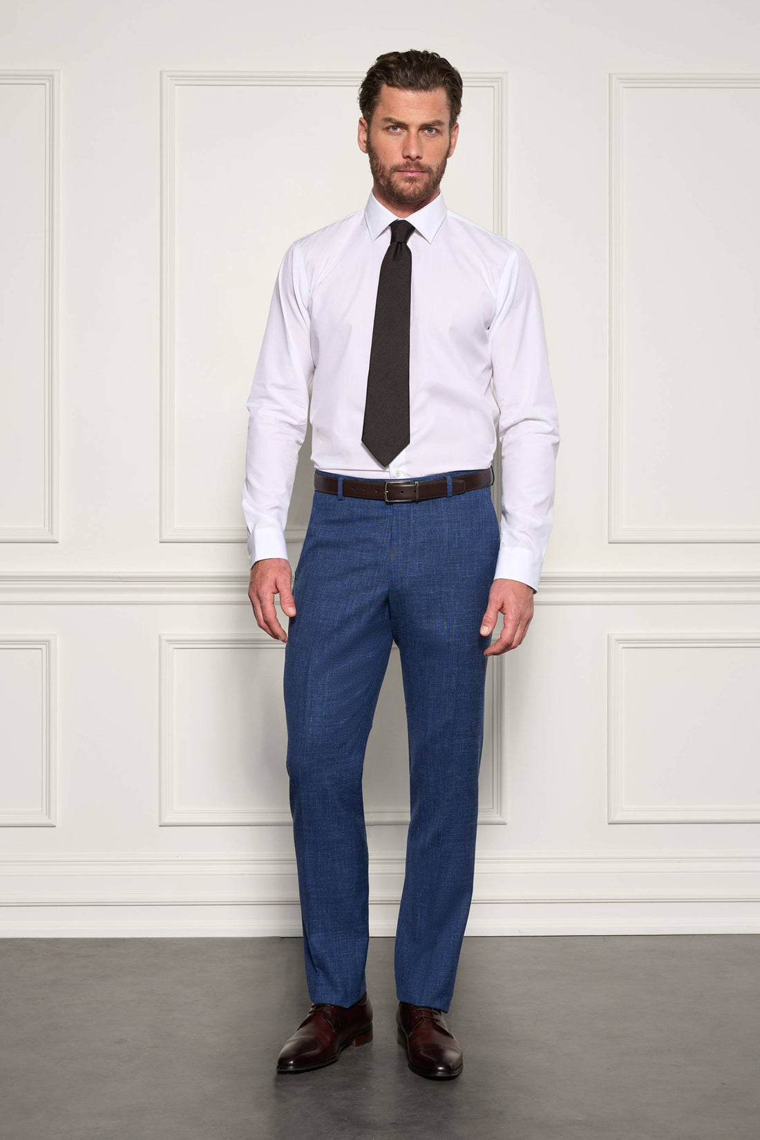 Blue Wool Silk Linen Flat Front Trousers
