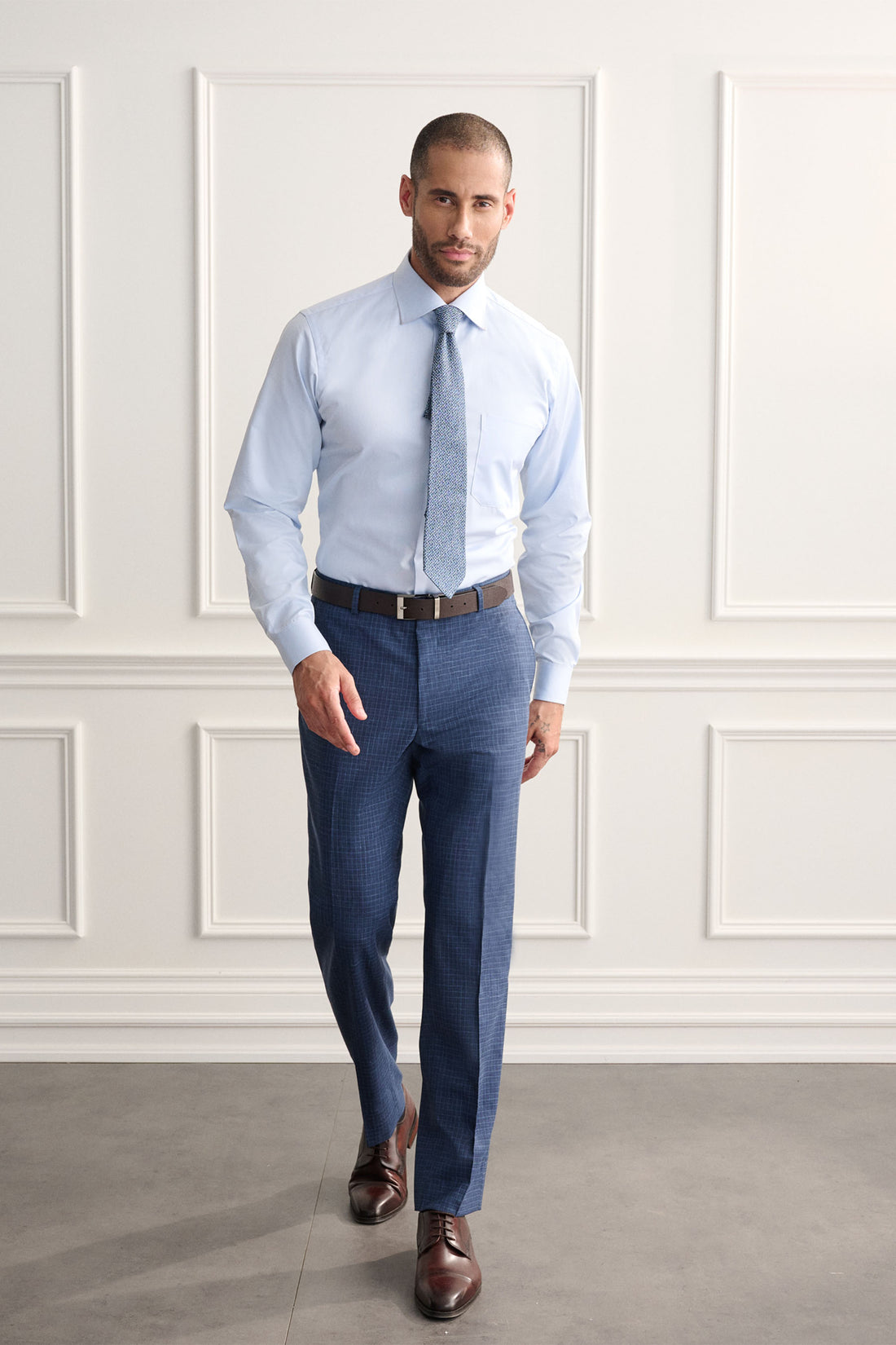 Blue Wool Linen Minicheck Trousers
