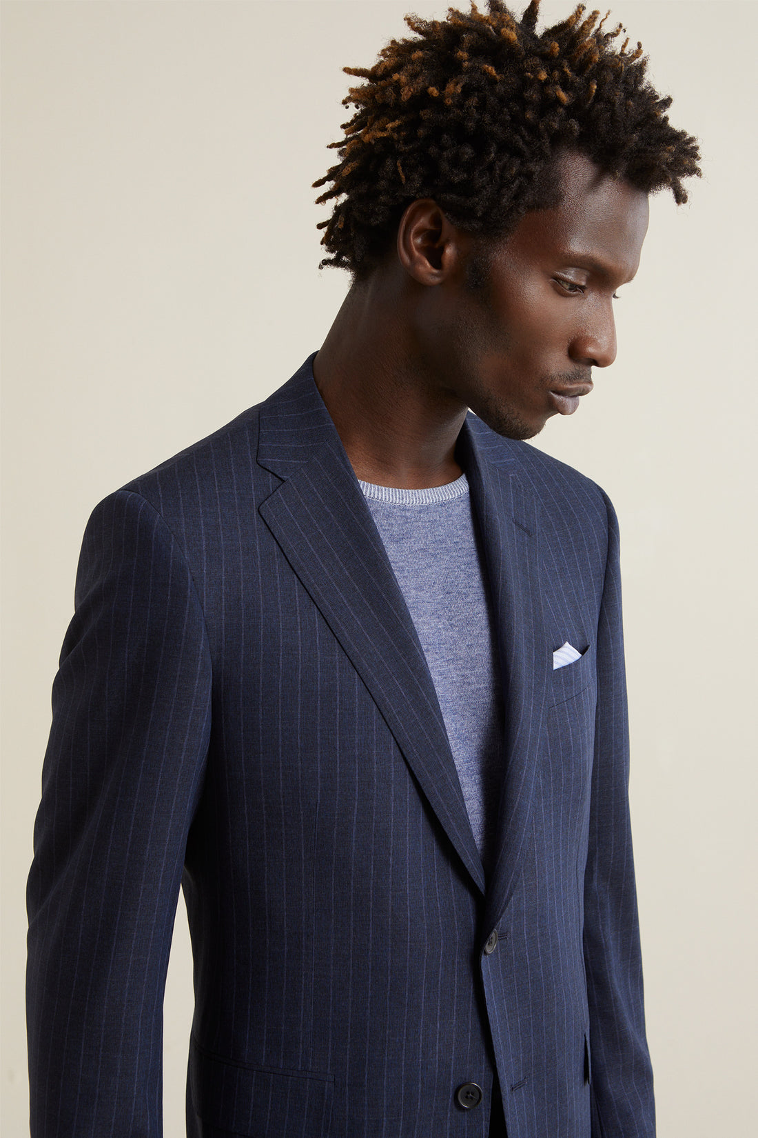 – Navy Samuelsohn Silk Stripe Suit Wool Tropical