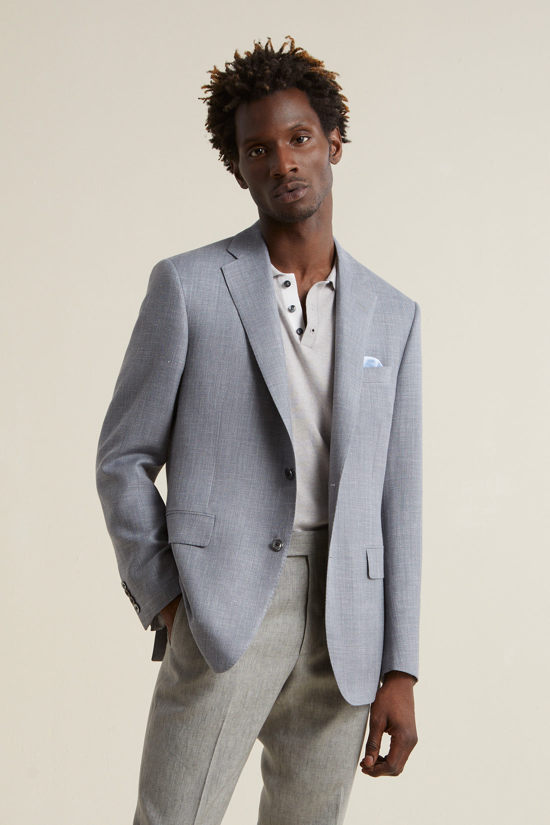 Light Grey Wool Silk Linen Herringbone Jacket