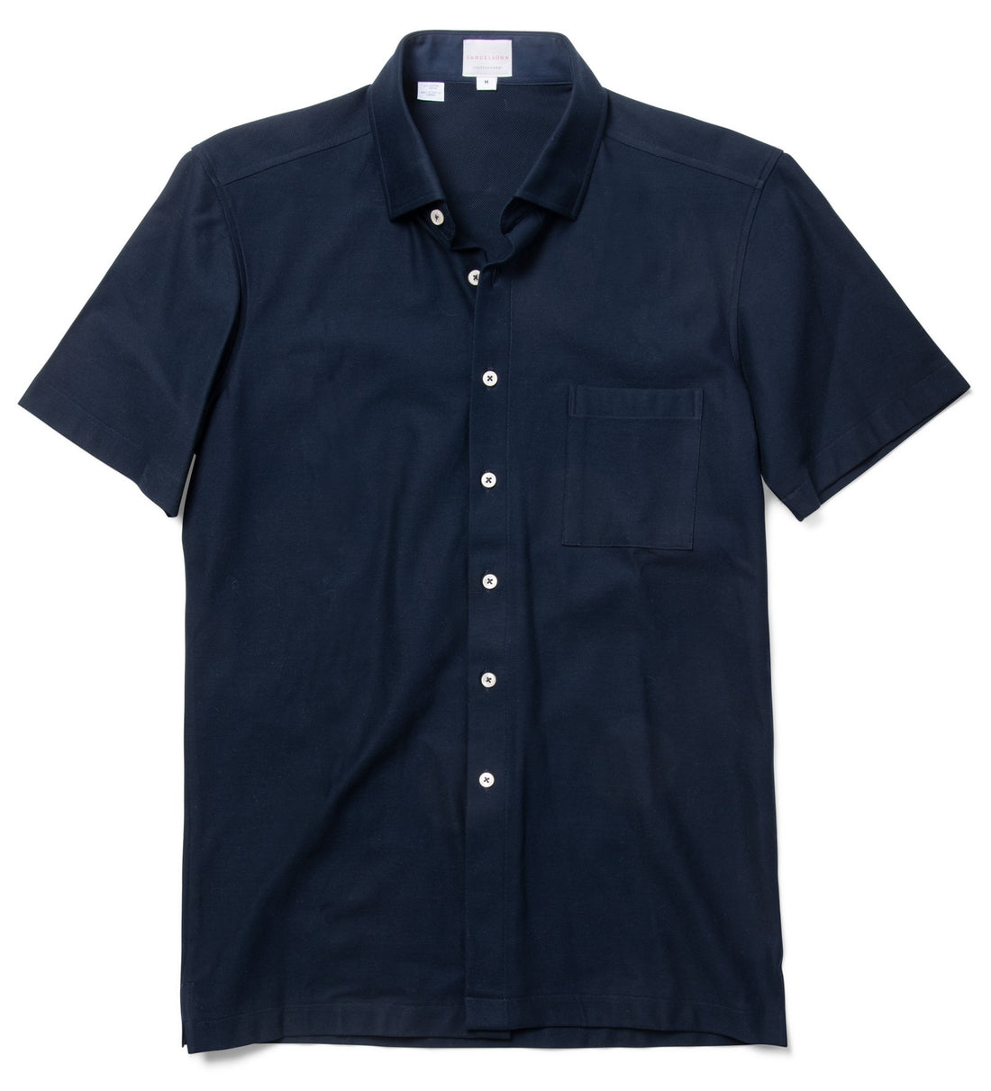  "Navy blue designer pique knit shirt is breathable and lightweight in 100 percent cotton from VUE collection by Samuelsohn"