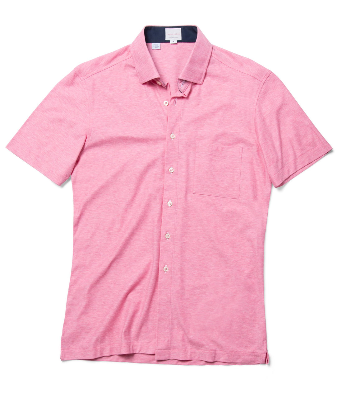 Watermelon pink designer pique knit shirt is breathable and lightweight in 100 percent cotton from VUE collection by Samuelsohn