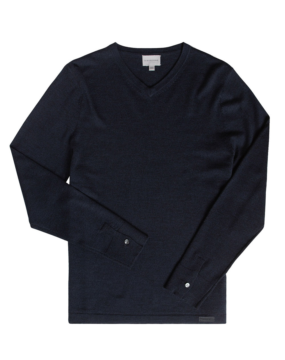 Navy Extrafine Merino V-Neck Sweater This Australian Extrafine Merino is a super premium wool used in the highest quality knits. A lightweight wool that is versatile under a jacket or worn alone, the perfect knit for the season. 